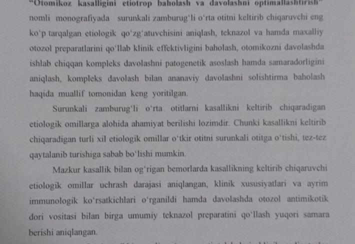 Otomikoz kasalligini etiotrop baholash va davolashni optimallashtirish