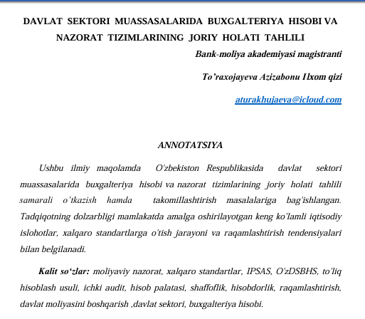 DAVLAT  SEKTORI  MUASSASALARIDA  BUXGALTERIYA  HISOBI VA  NAZORAT  TIZIMLARINING  JORIY  HOLATI  TAHLILI